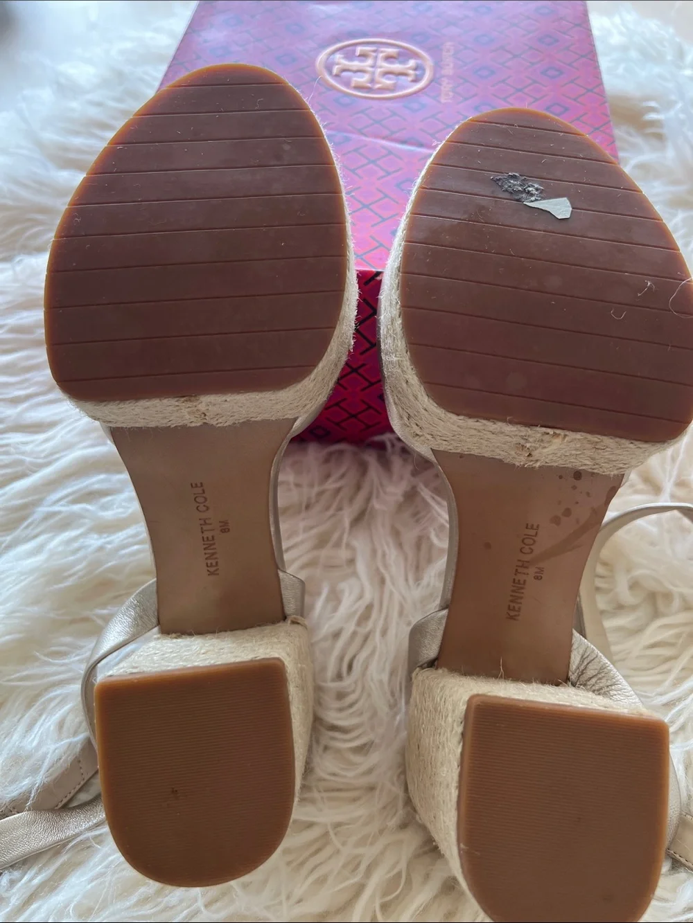 Kenneth Cole Leather Metallic Gold Platform Espadrille Block Heel Sandals